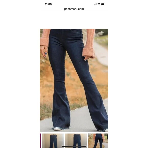 Flying Monkey High Rise Flare Jeans 26x34 Dark Blue Stretch Denim Raw Frayed Hem - Picture 5 of 8